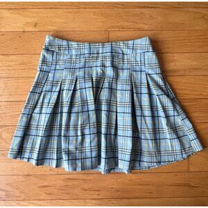 Stradivarius Women's Medium Pleated Tennis Mini Skirt Light Blue Check Plaid